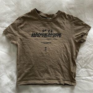 H&M khaki green brown short sleeve crop top with Dance Mode NYC graphic